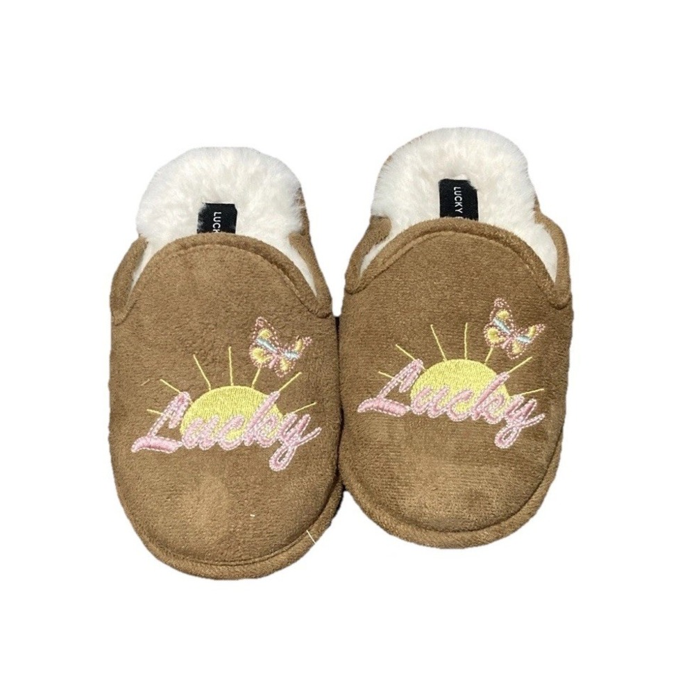 Lucky Brand Kids Slippers Size 13/1 Brown Sherpa Lined Mule Slip On House Shoes
